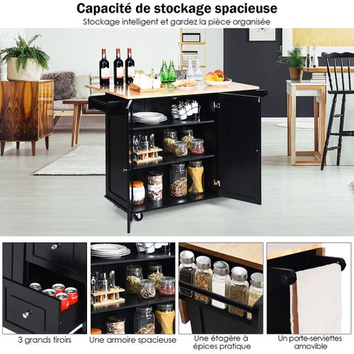 Desserte Sur Roulettes Service De Cuisine De Roulant Avec Plans De Travail Rabattable En Bois Noir