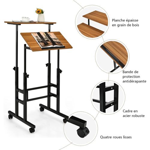 Bureau Assis-debout à Roulettes, Table Informatique à 2 Niveaux Pour Ordinateur