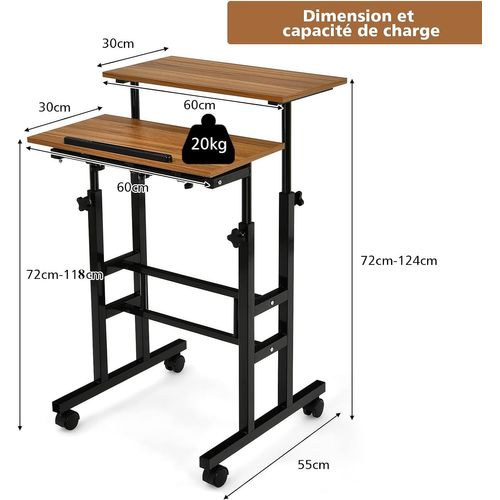Bureau Assis-debout à Roulettes, Table Informatique à 2 Niveaux Pour Ordinateur