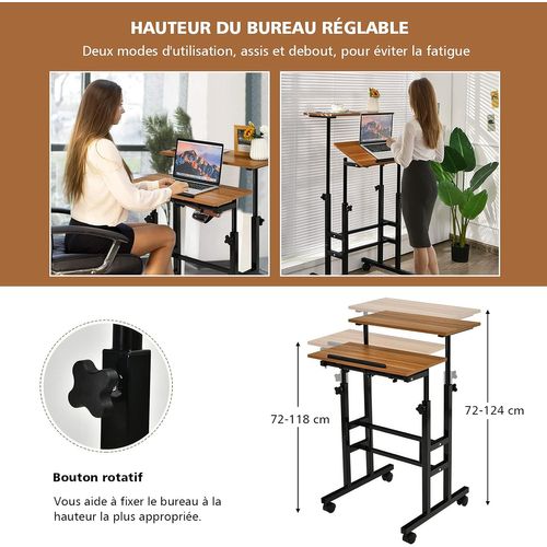 Bureau Assis-debout à Roulettes, Table Informatique à 2 Niveaux Pour Ordinateur