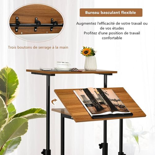 Bureau Assis-debout à Roulettes, Table Informatique à 2 Niveaux Pour Ordinateur