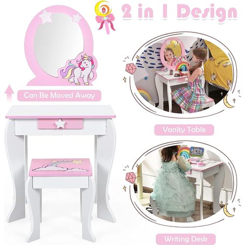 Coiffeuse Pour Enfant Avec Tabouret, Miroir Détachable Et 1 Tiroir De Rangement Blanc