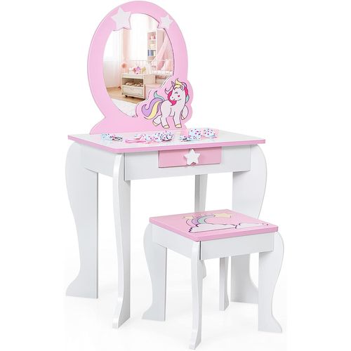 Coiffeuse Pour Enfant Avec Tabouret, Miroir Détachable Et 1 Tiroir De Rangement Blanc