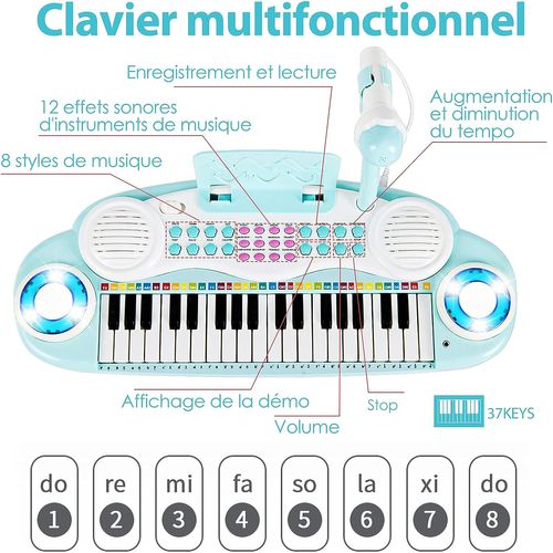 Clavier Electronique Piano Pour Enfants 37 Touches-4 Effets Lumière 18 Mois + Bleu