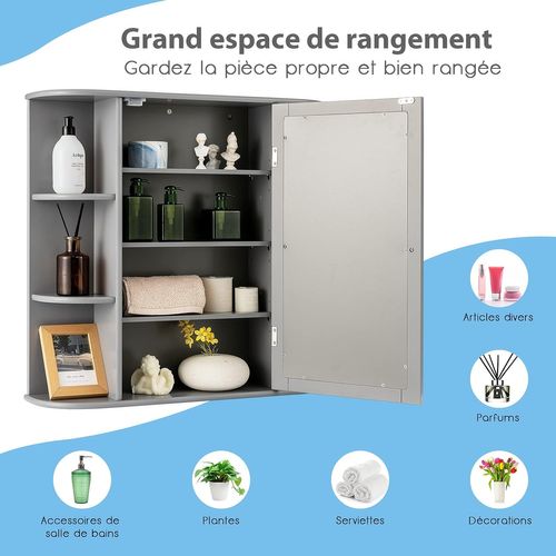 Armoire Murale De Salle De Bains Avec Miroir Avec Etagères Réglables Et Compartiments Ouverts