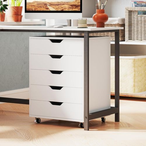 Caisson Bureau 5 Tiroirs, Caisson De Rangement à Roulette, 49 X 40 X 65 Cm, Blanc