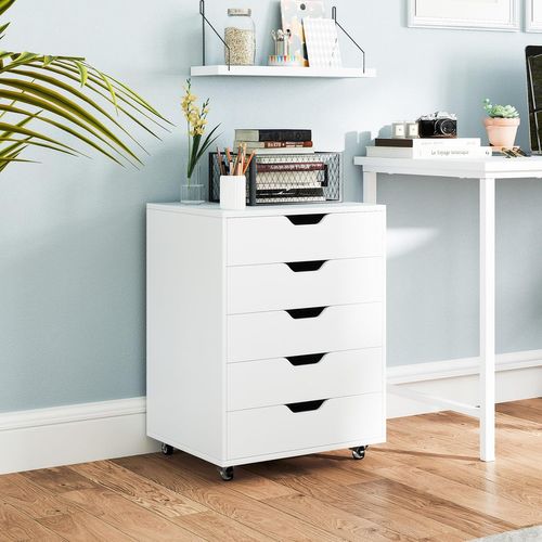 Caisson Bureau 5 Tiroirs, Caisson De Rangement à Roulette, 49 X 40 X 65 Cm, Blanc