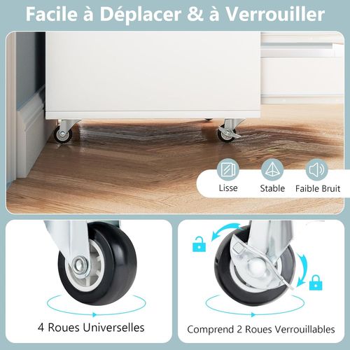 Caisson Bureau 5 Tiroirs, Caisson De Rangement à Roulette, 49 X 40 X 65 Cm, Blanc