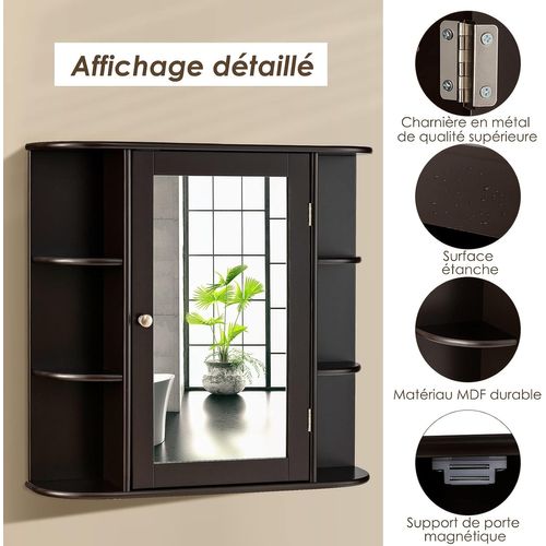 Armoire Murale De Salle De Bains Avec Miroir Avec Etagères Réglables Et Compartiments Ouverts Marron
