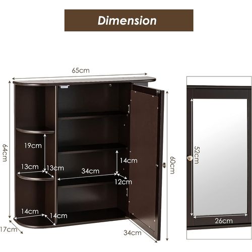 Armoire Murale De Salle De Bains Avec Miroir Avec Etagères Réglables Et Compartiments Ouverts Marron