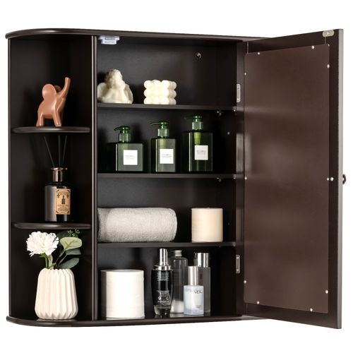 Armoire Murale De Salle De Bains Avec Miroir Avec Etagères Réglables Et Compartiments Ouverts Marron