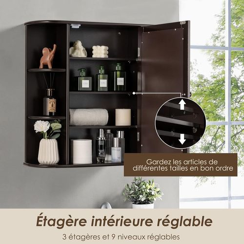 Armoire Murale De Salle De Bains Avec Miroir Avec Etagères Réglables Et Compartiments Ouverts Marron