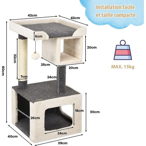 Arbre à Chat Perchoir Large 42x42x80 Cm Avec Poteau En Sisal Balle En Peluche 2 Niches Pour Jeux Rep