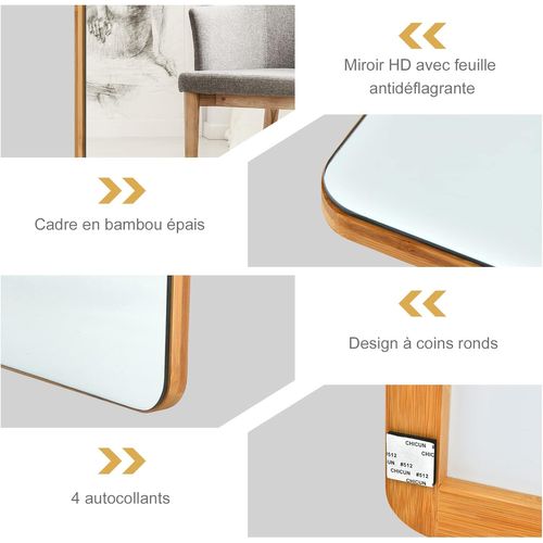 Miroir Porte Suspendu 100 X 35 Cm Avec Cadre En Bambou, 2 Façons D'accrochage Et Style Moderne