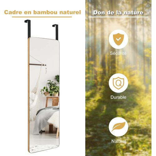 Miroir Porte Suspendu 100 X 35 Cm Avec Cadre En Bambou, 2 Façons D'accrochage Et Style Moderne