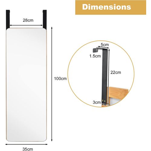 Miroir Porte Suspendu 100 X 35 Cm Avec Cadre En Bambou, 2 Façons D'accrochage Et Style Moderne