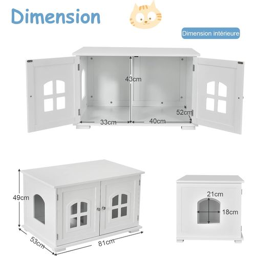 Maison De Toilette Pour Chat Avec Double Portes Fenêtres Entrée Blanc