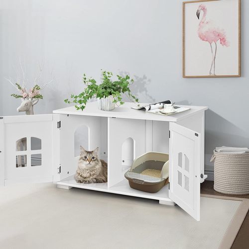 Maison De Toilette Pour Chat Avec Double Portes Fenêtres Entrée Blanc