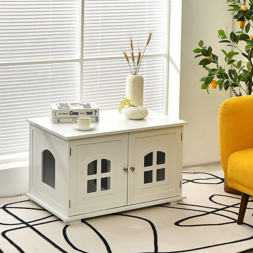 Maison De Toilette Pour Chat Avec Double Portes Fenêtres Entrée Blanc