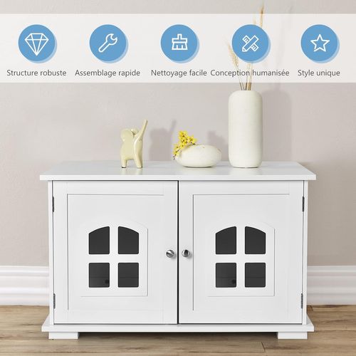 Maison De Toilette Pour Chat Avec Double Portes Fenêtres Entrée Blanc