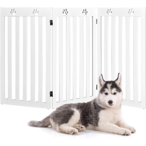 Barrière Autoportante Pour Chien 3 Panneaux En Bois Charnières Métalliques à 360° Blanc