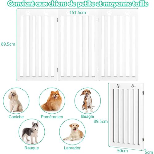 Barrière Autoportante Pour Chien 3 Panneaux En Bois Charnières Métalliques à 360° Blanc