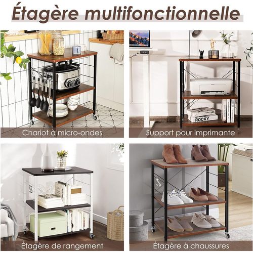 Chariot De Service à Roulette Avec 10 Crochets Amovibles et 3 Desserte De Cuisine (marron)