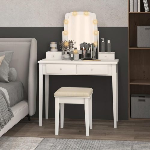 Coiffeuse 10 LED à Intensité Variable, Miroir Pivotant à 360 Degrés Avec 4 Tiroirs Blanc