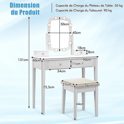 Coiffeuse 10 LED à Intensité Variable, Miroir Pivotant à 360 Degrés Avec 4 Tiroirs Blanc
