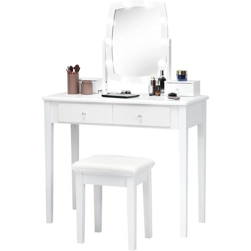 Coiffeuse 10 LED à Intensité Variable, Miroir Pivotant à 360 Degrés Avec 4 Tiroirs Blanc