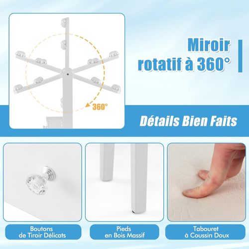 Coiffeuse 10 LED à Intensité Variable, Miroir Pivotant à 360 Degrés Avec 4 Tiroirs Blanc