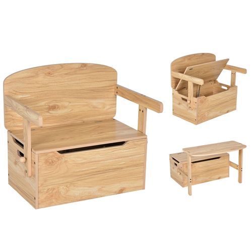 3 En 1 Table Enfant En Bois Avec Chaise, Banc Coffre à Jouets, Charge10/30kg, 60x57x44cm Naturel