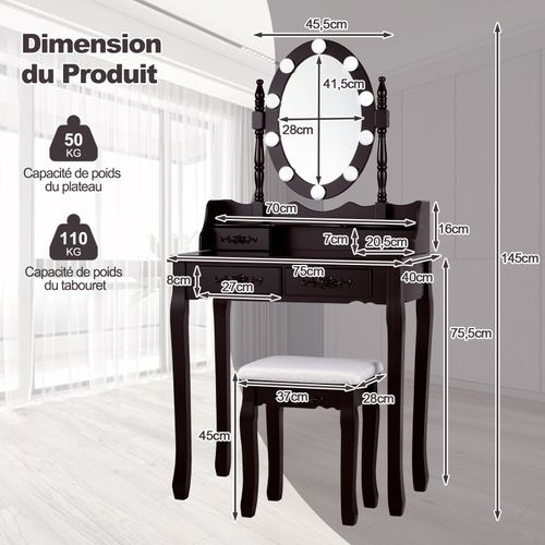 Coiffeuse Avec 10 Ampoules, Table De Maquillage Avec Tabouret, Miroir Ovale, Interrupteur
