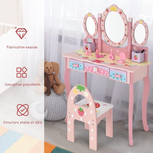 Coiffeuse Pour Enfants 2 En 1 Avec Miroir Amovible Pliable Chaise 3 Tiroirs 2 Boîtes Rose