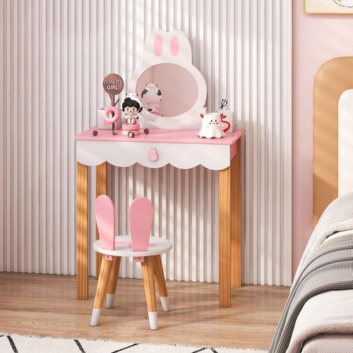 Coiffeuse Pour Enfants 2 En 1 Avec Miroir Amovible Et Tabouret Tiroirs Boîte De Rangement Rose