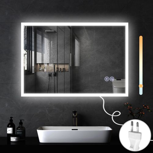 Miroir Avec Lumière 100x60cm Miroir Mural LED Verre Antidéflagrant Avec Miroir Tactile
