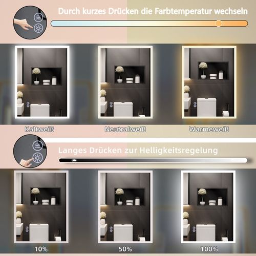 Miroir Avec Lumière - 60x80cm Miroir Mural LED Verre Antidéflagrant Avec Miroir Tactile