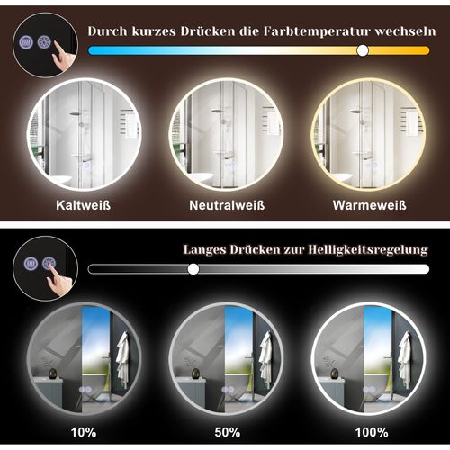 Miroir Avec Éclairage Miroir Mural LED Ip44 Rond 60cm Avec Fonction Miroir Tactile Éclairé Rond