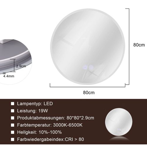 Miroir Avec Éclairage Miroir Mural LED Ip44 Rond 80cm Avec Fonction Miroir Tactile Éclairé