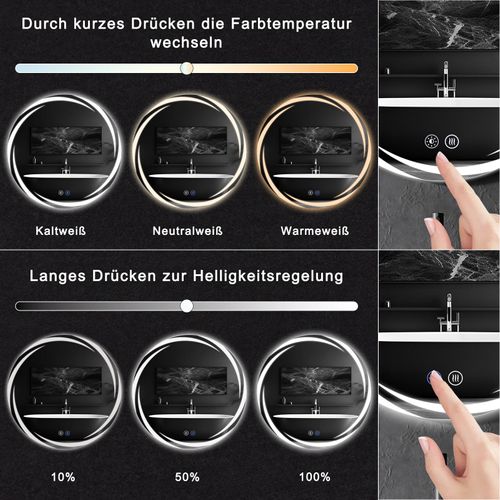 Miroir De Salle De Bain Avec Éclairage, Miroir De Salle De Bain Rond à LED Rond Ip44 De 50cm