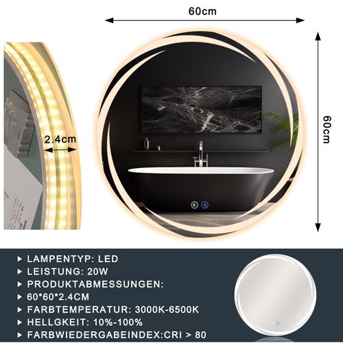 Miroir De Salle De Bain Avec Éclairage Rond à LED Rond Ip44 De 60 Cm Avec Fonction Tactile