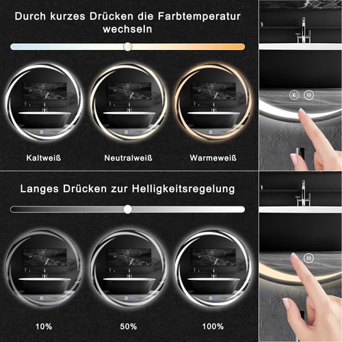 Miroir De Salle De Bain Avec Éclairage à LED Rond Ip44 De 70 Cm Avec Fonction Tactile