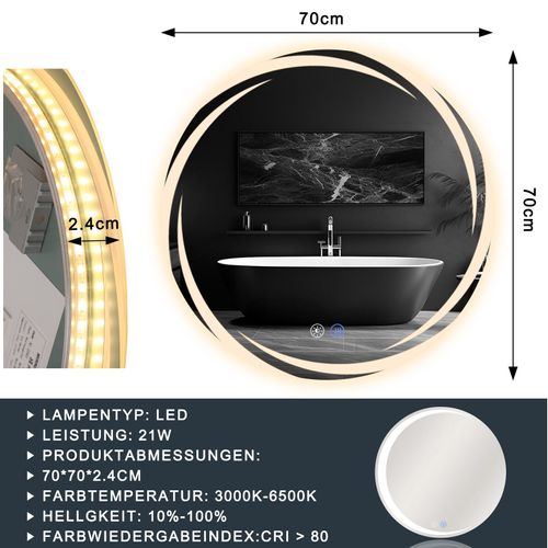 Miroir De Salle De Bain Avec Éclairage à LED Rond Ip44 De 70 Cm Avec Fonction Tactile