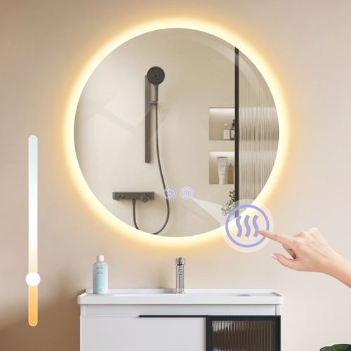 Miroir De Salle De Bain Avec Éclairage Rond 50 Cm Miroir Mural LED Avec Fonction Tactile