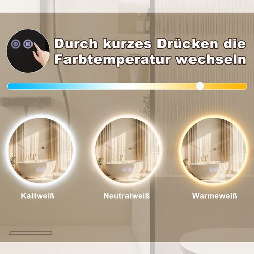 Miroir De Salle De Bain Avec Éclairage Rond 50 Cm Miroir Mural LED Avec Fonction Tactile