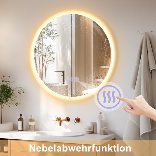 Miroir De Salle De Bain Avec Éclairage Rond 50 Cm Miroir Mural LED Avec Fonction Tactile