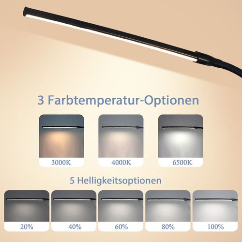 Lampe De Bureau LED Noire 3 Couleurs 5 Niveaux De Luminosité USB Protection Des Yeux Flexible