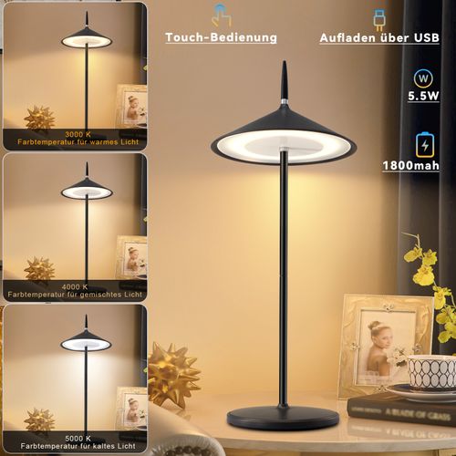 Lampe De Chevet Tactile Sans Fil LED Noire Dimmable 1800mha Rechargeable Avec USB