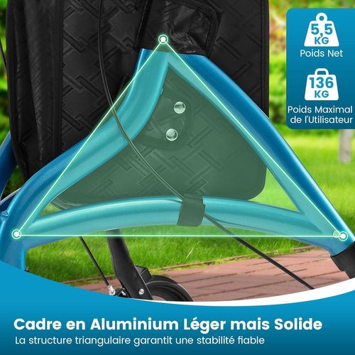 Déambulateur à 3 Roues Pliable En Aluminium, Hauteur Réglable Avec Panier De Rangement (bleu)