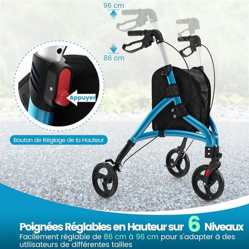 Déambulateur à 3 Roues Pliable En Aluminium, Hauteur Réglable Avec Panier De Rangement (bleu)